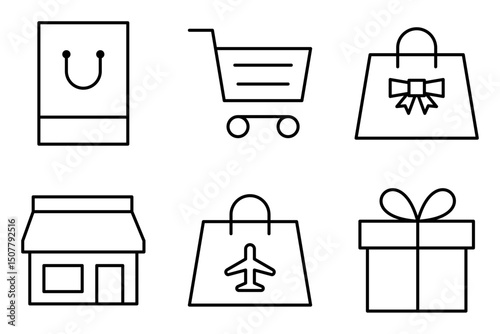Shop and Market icon set, including Shopping Bag, Shopping Cart, souvenir bag, Local Market, Duty-Free, Gift Box.icons