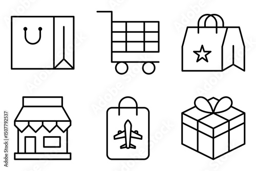 Shop and Market icon set, including Shopping Bag, Shopping Cart, souvenir bag, Local Market, Duty-Free, Gift Box.icons