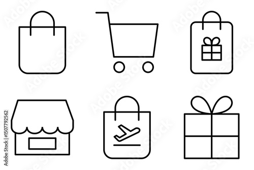 Shop and Market icon set, including Shopping Bag, Shopping Cart, souvenir bag, Local Market, Duty-Free, Gift Box.icons