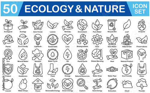 Ecology And Nature Icon Set With Ecological, Save Forest, Leaves, Remedy, Enviroment, Pure Water, Leaf, Propane, Planet, Eco Friendly, Lightbulb, Sustainable, Love, Gear, Eco