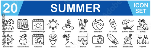 Summer Icon Set With Sun Umbrella, Holidays, Summer Holidays, Sun, Bonfire, Cold Drink, Beach Ball, Ice Cream, Summer Beach, Sunset, Summer Sale, Coconut Drink, Halloween, Beach
