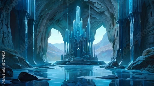 ファンタジーゲーム背景　青い地下湖の洞窟 風景	

