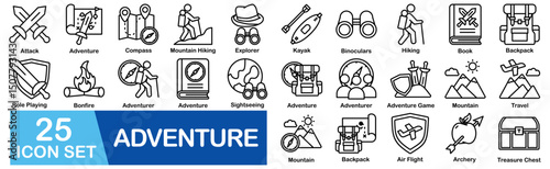 Adventure Icon Set With Attack, Compass, Mountain Hiking, Explorer, Kayak, Binoculars, Hiking, Book, Backpack, Role Playing, Bonfire