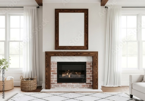 Vertical wooden frame mockup above a fireplace in a cozy modern farmhouse living room.