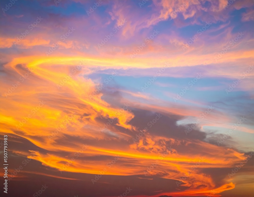 Fototapeta premium Vibrant Sunset Sky with Colorful Swirls of Orange and Purple Hues