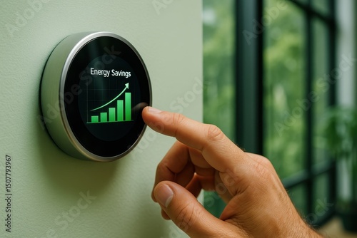 Zoomed-in Image of a Hand Adjusting a Smart Thermostat in an Energy-Efficient Building, Displaying Energy Savings Graphs