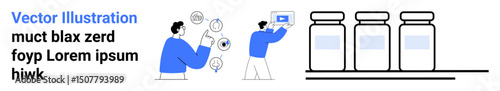 Two people exchanging ideas, analyzing data, and studying jars in a scientific or creative context. Ideal for research, analysis, innovation, teamwork, product development, education simple landing