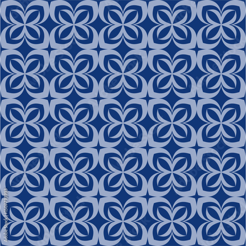 Elegant Seamless Pattern of Repeating Geometric Flower Motif in Blue Tones