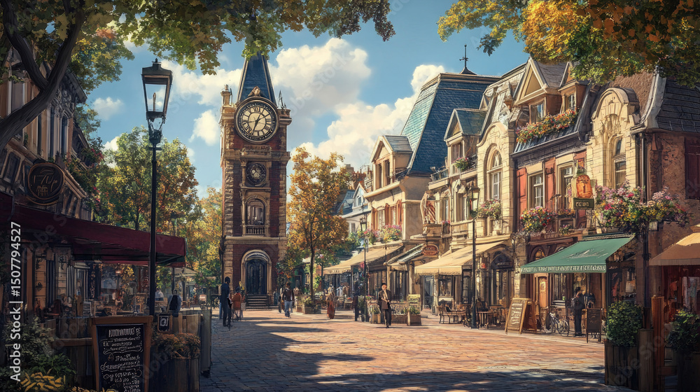 Fototapeta premium Charming street with clock tower and vibrant shops