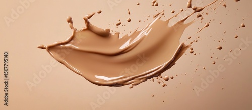 Foundation product bottle splashes in liquid foundation composition background.