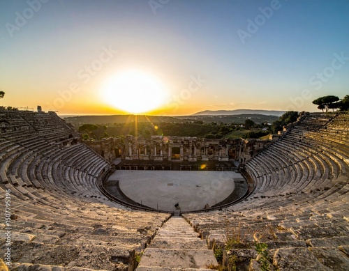 Majestic Ancient Amphitheater at Sunset with Scenic Landscape