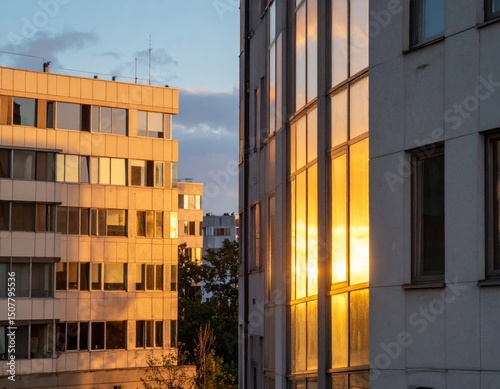 Sunset Reflection on Urban Buildings with Warm Golden Light