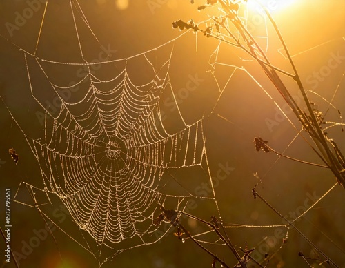 Dewy Spider Web Glowing in Morning Sunlight Over Nature Background
