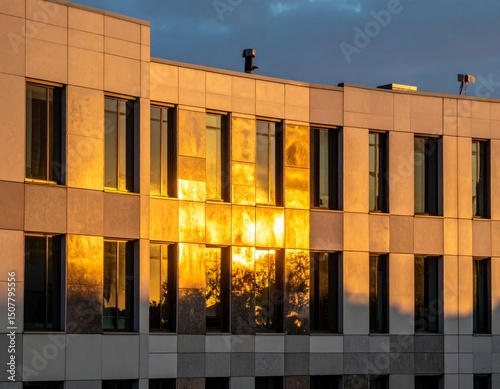 Golden Sunset Reflection on Modern Building Windows at Dusk