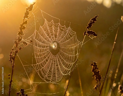Delicate Spider Web Glimmering in Morning Light on Nature Background