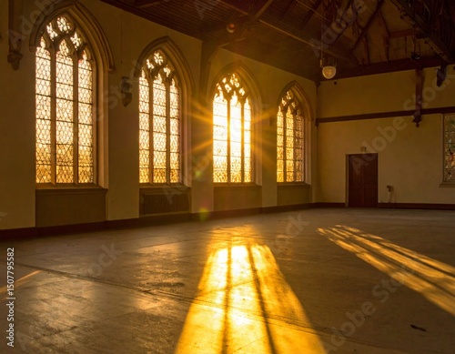 Sunlight Streaming Through Stained Glass Windows in an Empty Hall
