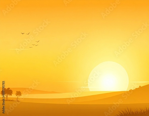 Sunset Over Tranquil Landscape with Silhouetted Palm Trees and Hills