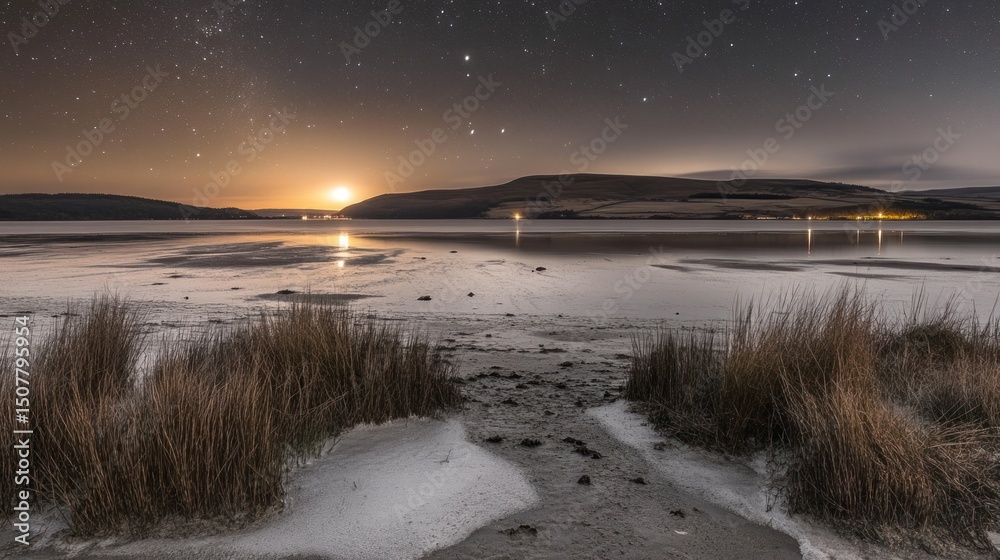 Obraz premium Nocturnal lake landscape under a celestial display