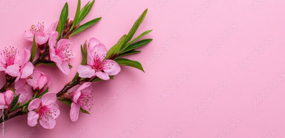 Fototapeta premium Delicate Pink Blossoms On A Branch Against A Pink Background