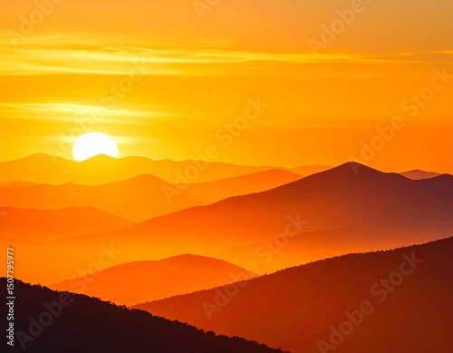 Vibrant Sunset Over Mountain Ranges with Warm Orange Sky