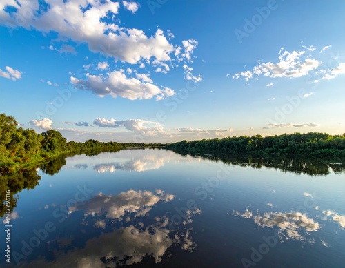 Serene River Landscape Under a Blue Sky with Fluffy Clouds Reflections