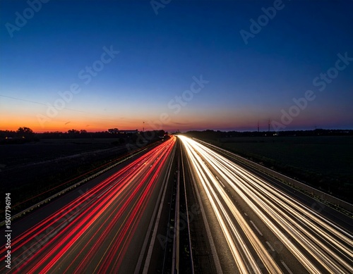 Twilight Traffic Flow on Highway with Light Trails at Dusk