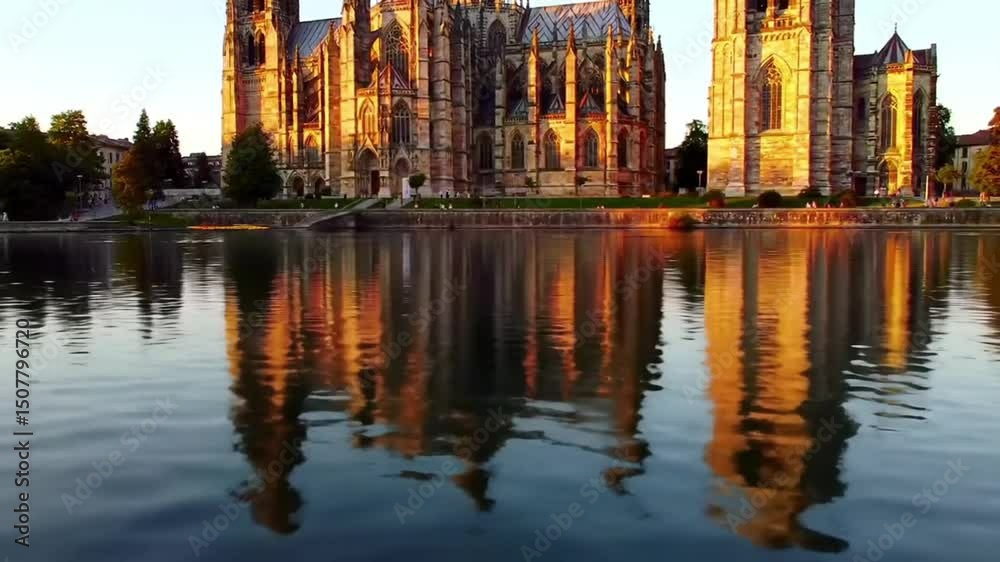 Cathedral reflected in the water at sunset with trees and buildings in the background view from river