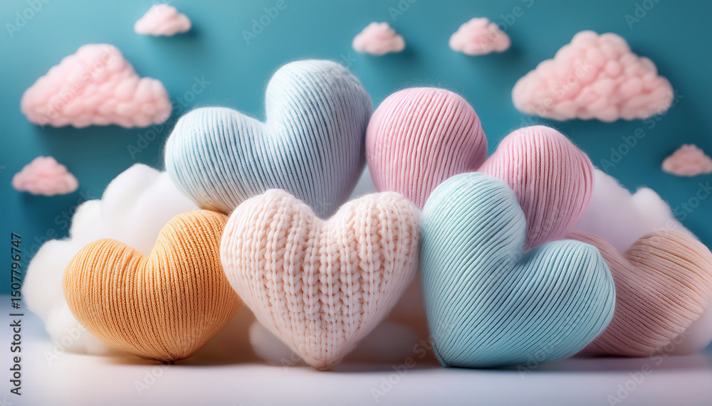Fototapeta premium soft pastel knitted hearts with dreamy cloud decor