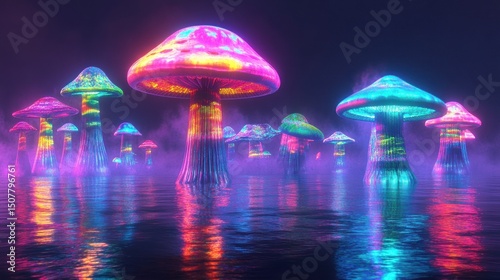 Wallpaper Mural Neon mushroom forest in a mystical water environment Torontodigital.ca