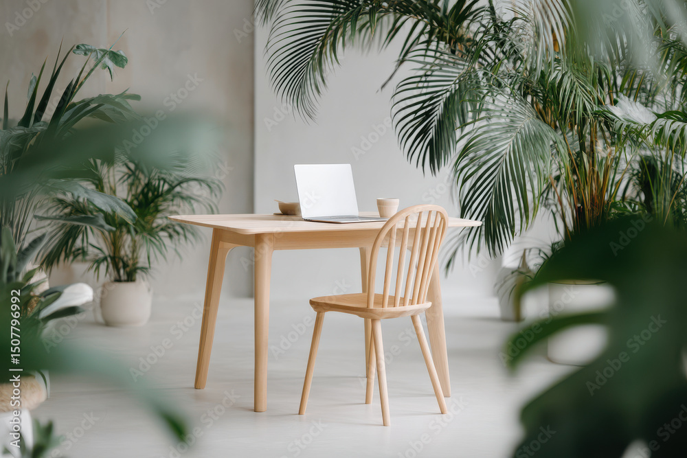 Fototapeta premium scandinavianstyle home office featuring sleek laptop surrounded by lush green plants