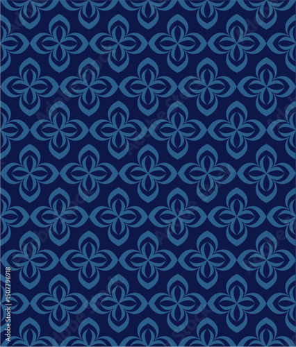 Elegant Blue Floral Pattern With Leaf Motifs and Repetitive Geometric Design