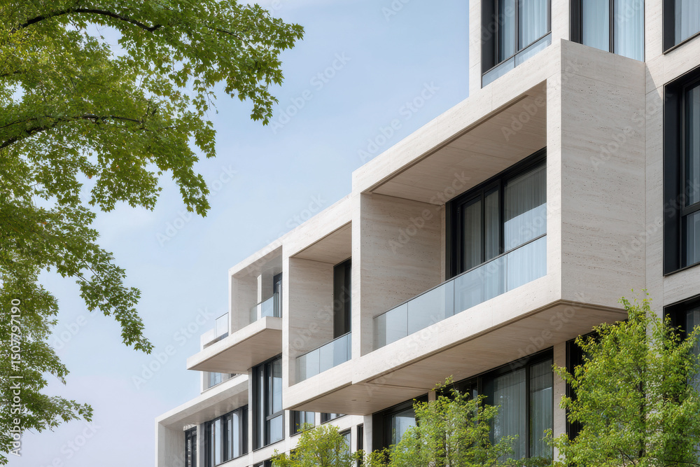 Fototapeta premium modern architectural facade featuring large and lightcolored balconies emphasizing sleek lines and minimalist