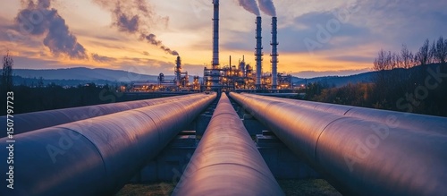 View from the aerial of a pipeline system or gas pipeline refinery in a plant industry area, a transport valve station in a factory, and a power and energy