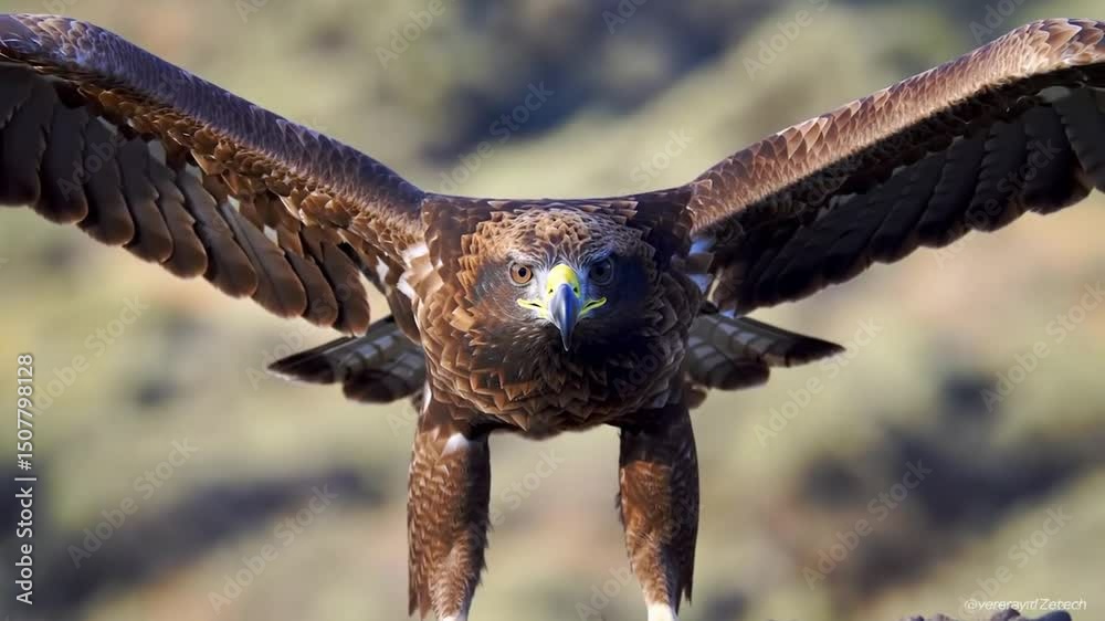 A golden eagle with outstretched wings standing on rocks in a blurred outdoor environment view ahead close up