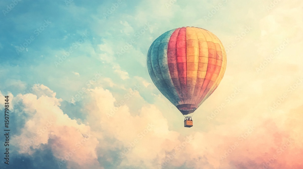 Naklejka premium Colorful hot air balloon against a pastel sky filled with clouds.