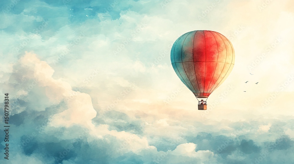 Fototapeta premium Colorful hot air balloon floats among soft clouds.