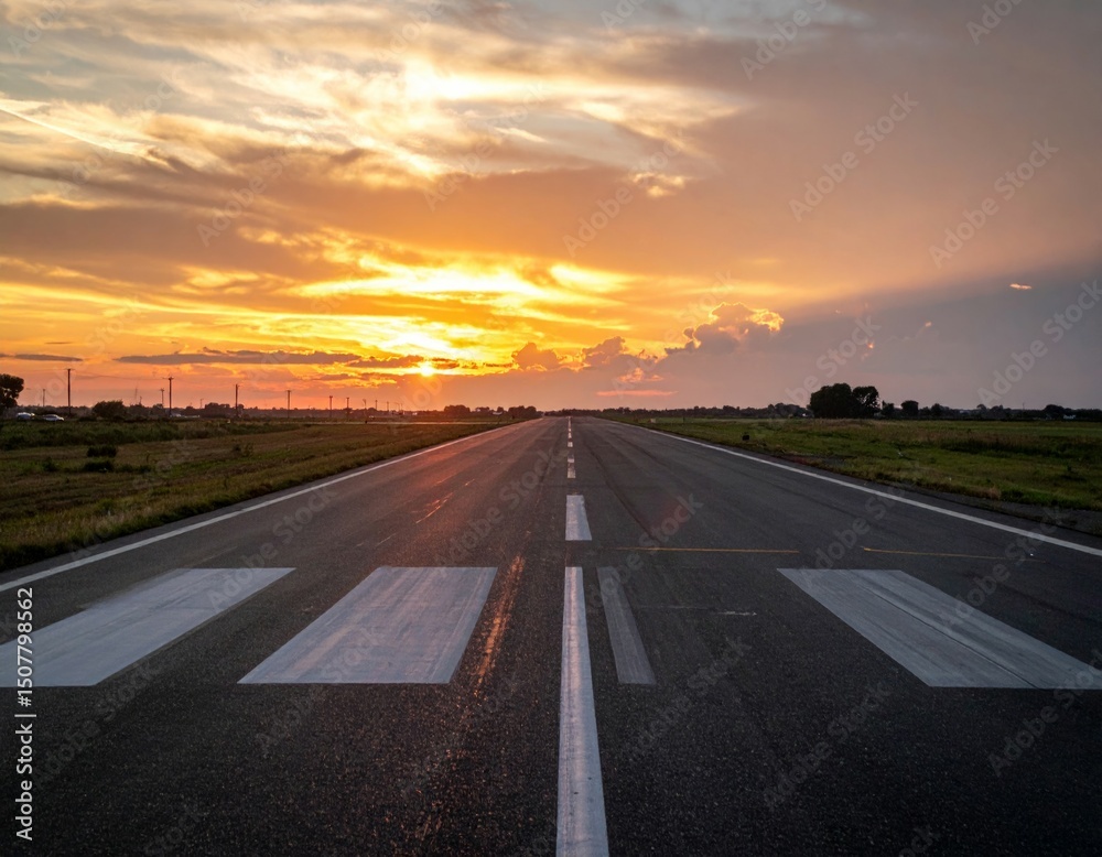 Fototapeta premium Serene Sunset Over Open Road with Crosswalk and Vibrant Sky