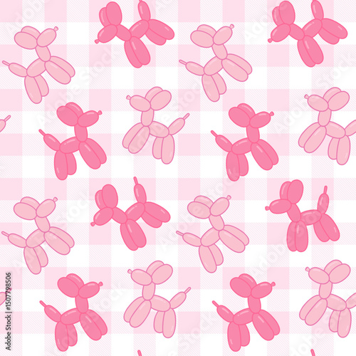 Seamless pattern of pink balloon dog figures on pink gingham pattern background, ideal for party decoration and playful designs.