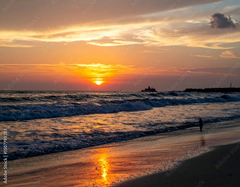 Fototapeta premium Serene Sunset Over Ocean Waves with Reflective Shoreline Beauty