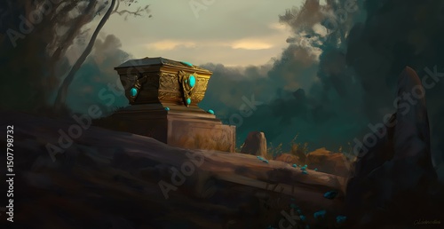 Mystical Forest Exploration: Ancient Ruins and Magic Box in Serene Landscape with Crystal Accents