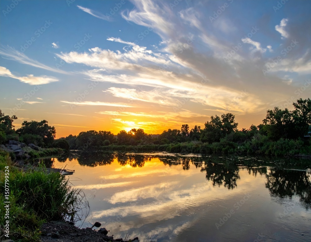 Obraz premium Serene Sunset Over Calm River with Reflective Water and Cloudscape