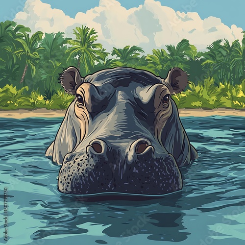 Close-up of a hippopotamus in a tropical lagoon.