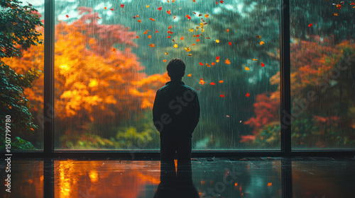 Child gazing through rain-soaked glass at autumn
