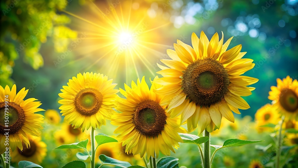 Fototapeta premium Bright sunflowers on the left against a vibrant green, sun-drenched background with lens flare. 