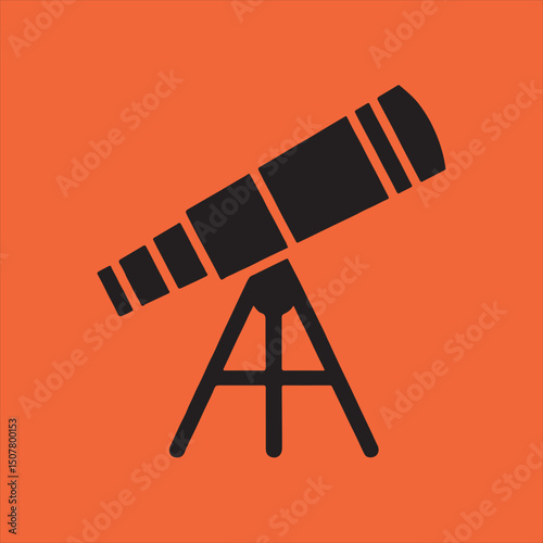 Simple black telescope icon on orange background
