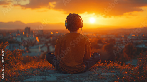 Child Meditating at Sunset Over Cityscape