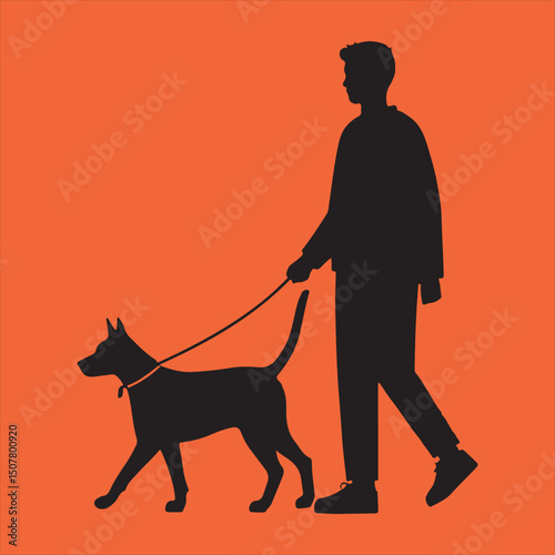 Silhouette of man walking dog on orange background