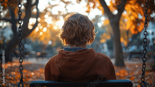 Child on Swing in Autumn Park with Golden Leaves