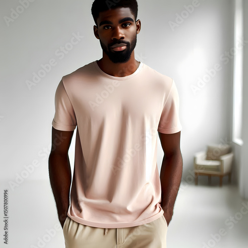 A young man with a beard in a light pink t-shirt looks directly at the viewer