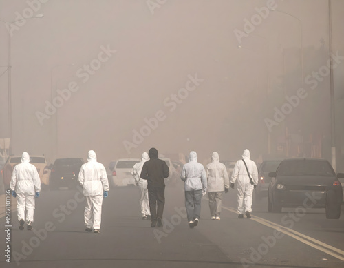 A group of people, some in hazmat suits, walk down a smoggy road with cars visible in the background